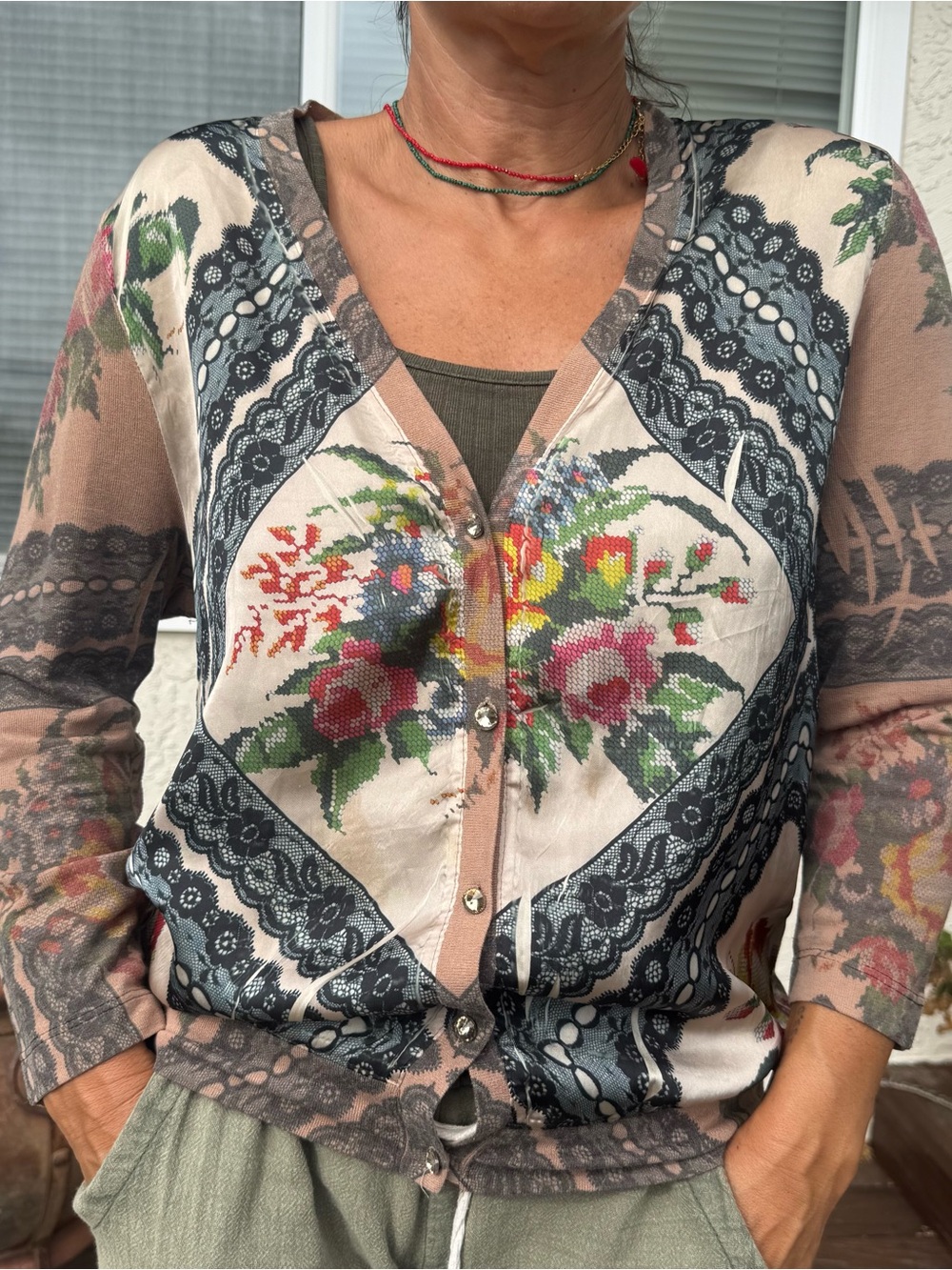 Floral Cross-Stitch Print Button-Front Cardigan - Multicolor